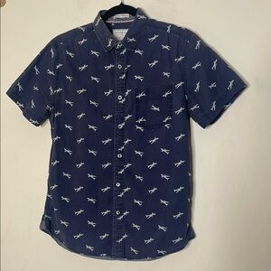 Navy Blue Casual Button Down Shirt with Shark Pattern
